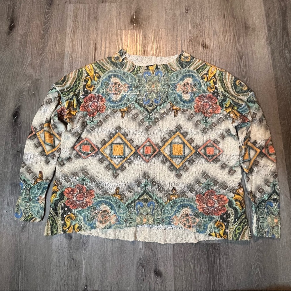 Nicole Sabbattini Lightweight Knit Mix Pattern Sweater Large Boho Fairy Hippie